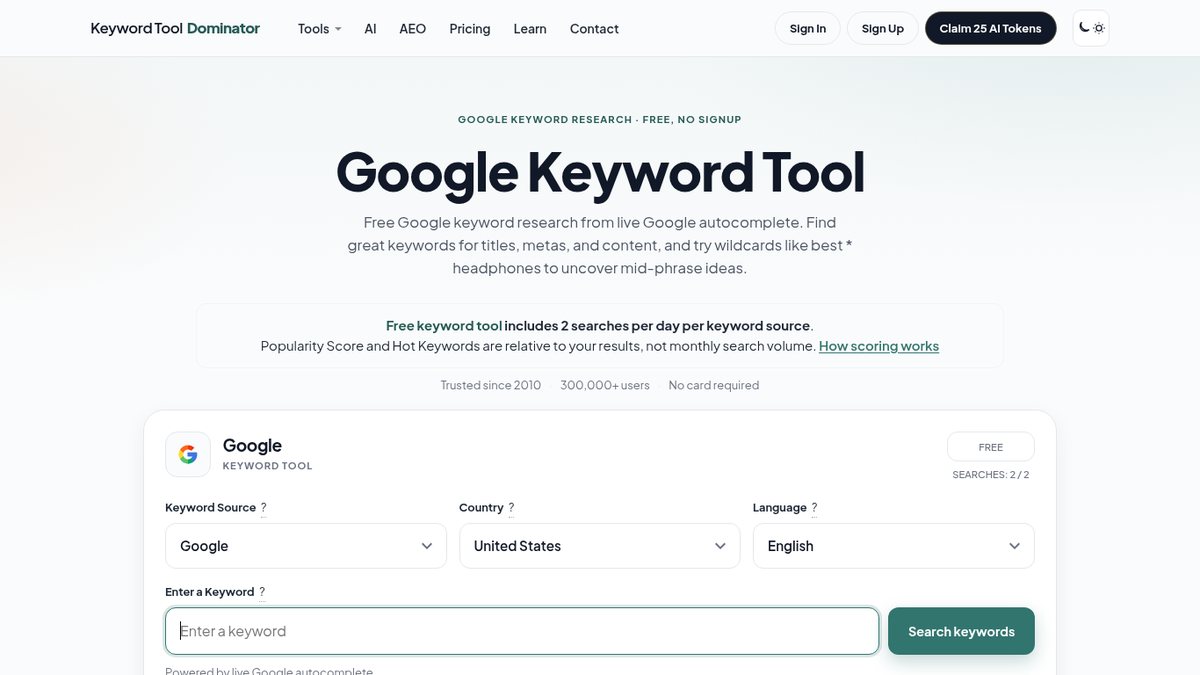 Screenshot of Keyword Tool Dominator, captured October 2026