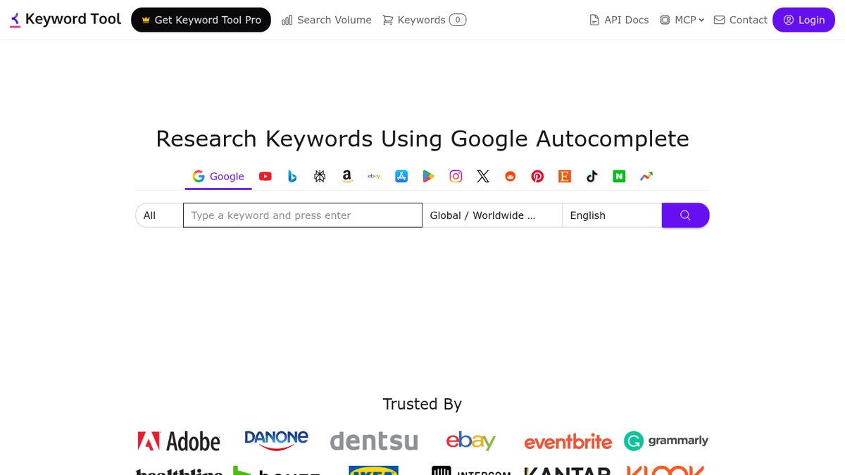 Screenshot of Keyword Tool (keywordtool.io), captured October 2026
