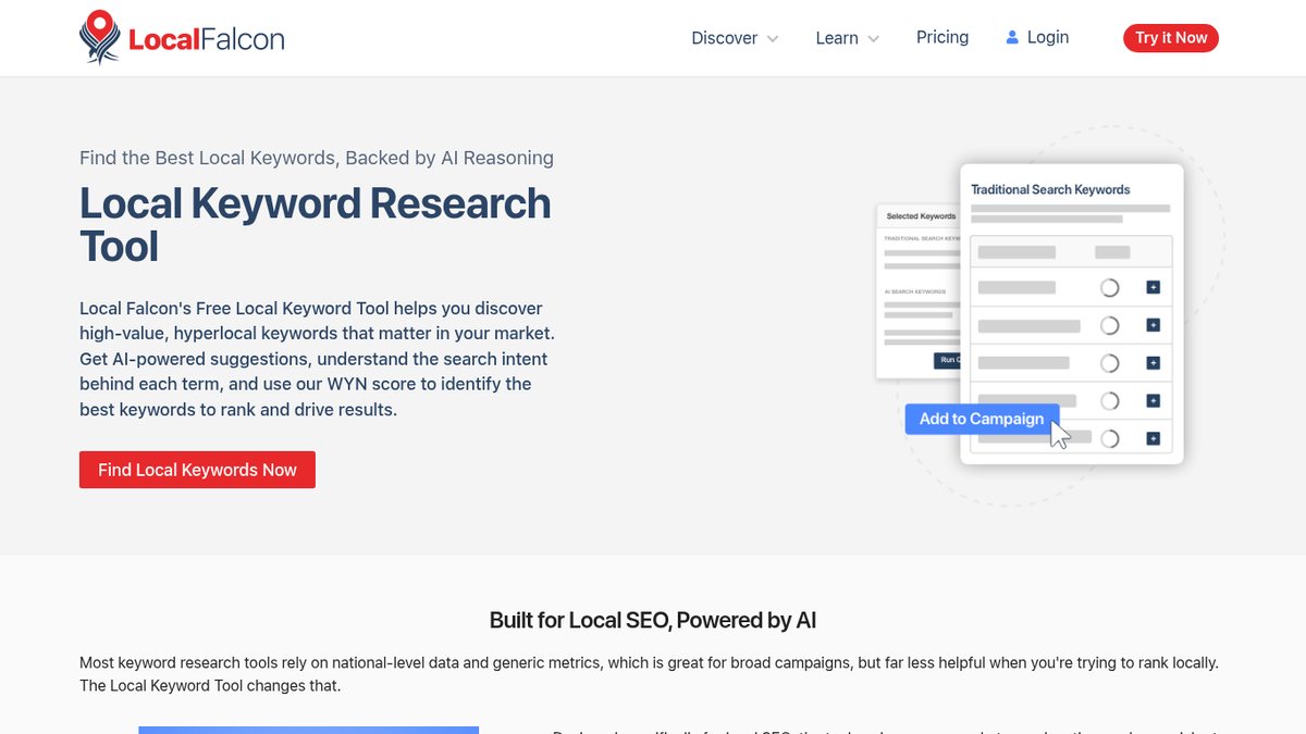 Screenshot of Local Falcon Local Keyword Tool, captured October 2026