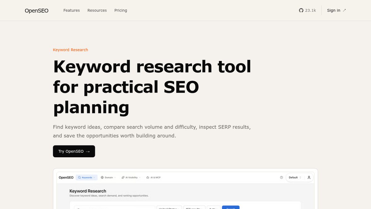 Screenshot of OpenSEO, captured October 2026
