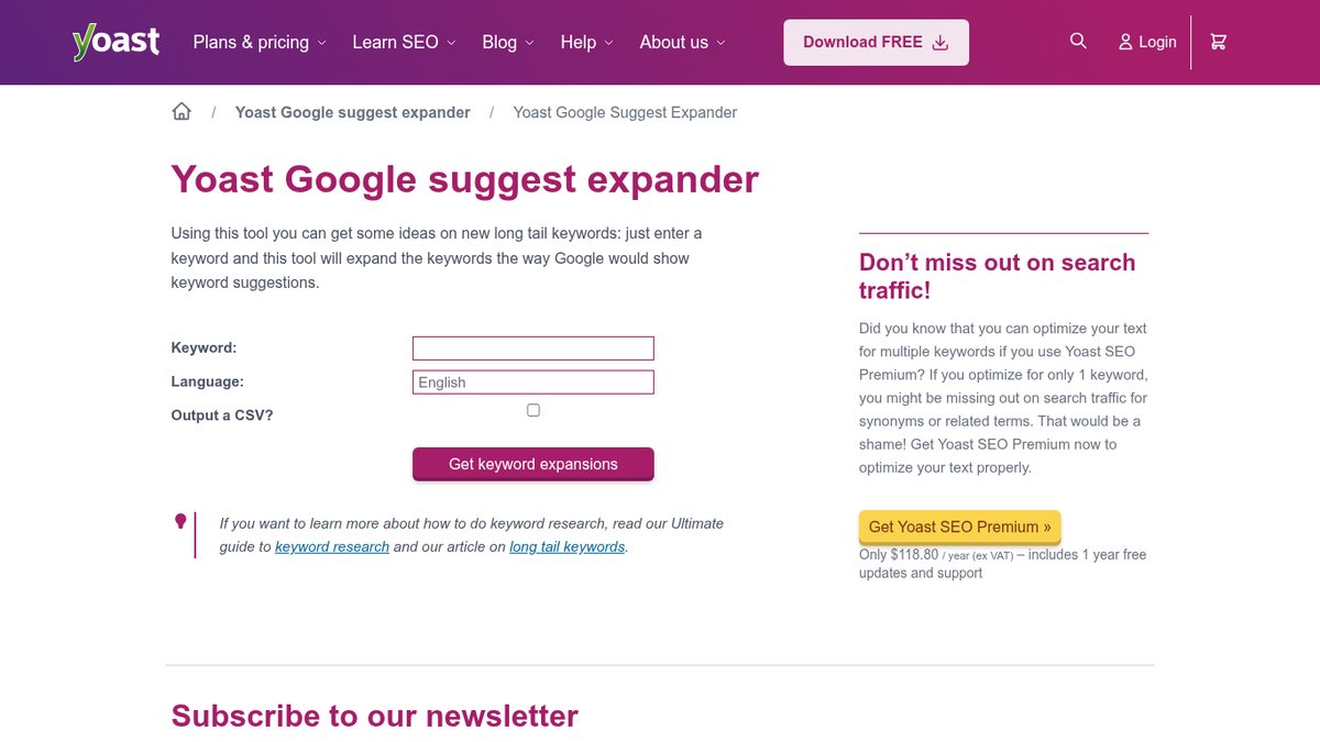 Screenshot of Yoast Google Suggest Expander, captured October 2026