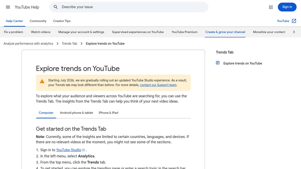 Screenshot of YouTube Studio Trends tab, captured October 2026